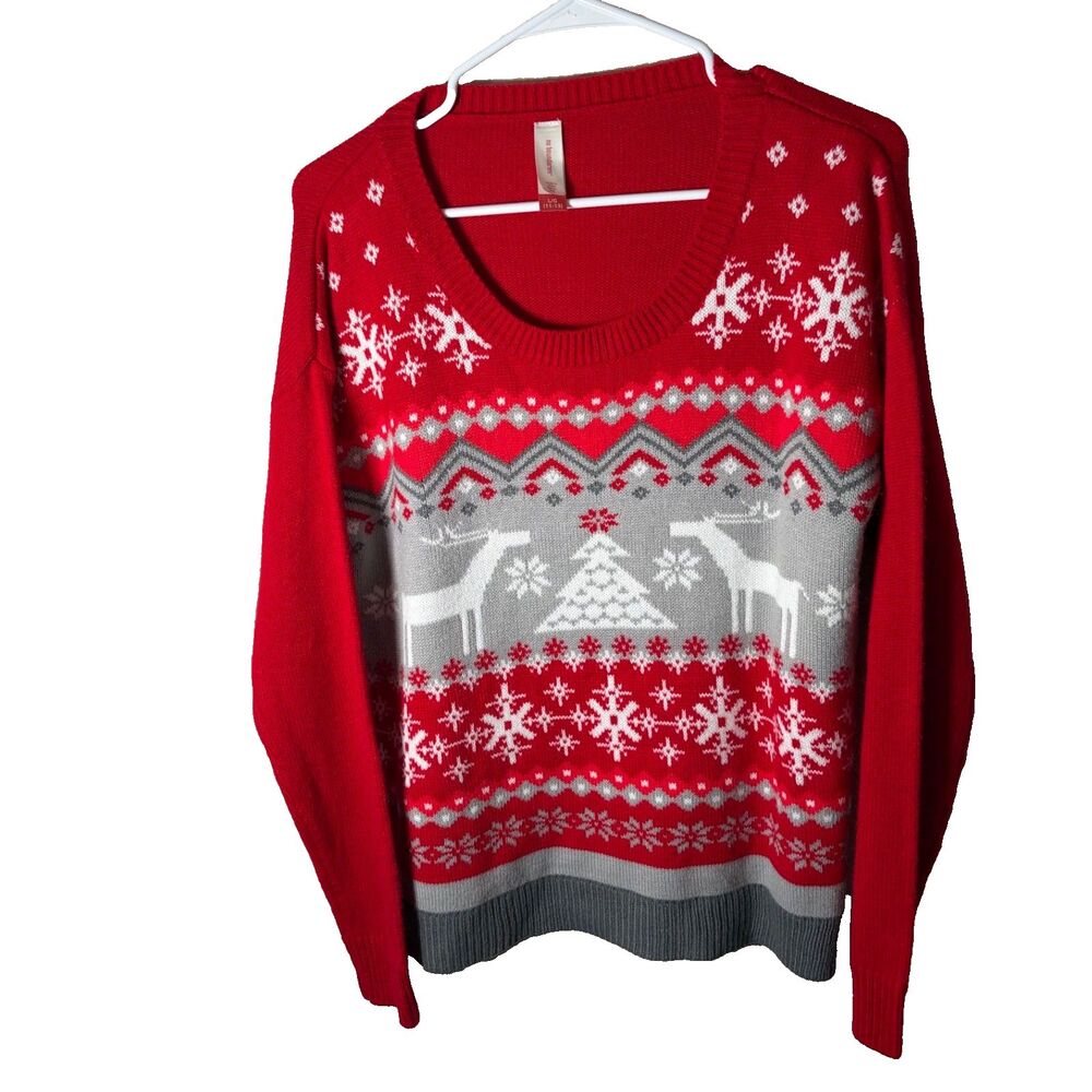 No Boundaries Sweater Women's Large Gray Red Reindeer Pullover Knit Christmas